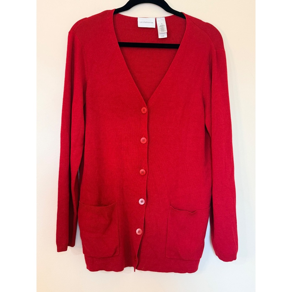 Liz Claiborne Red Ribbed V-Neck Button Front Cardigan Sweater Pockets Medium